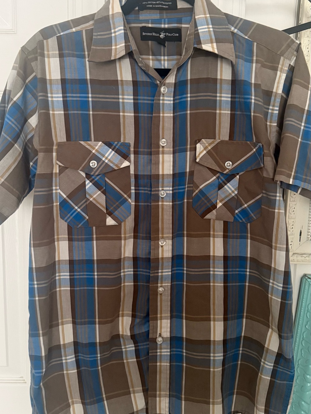 Beverly Hills Polo Club Brown, Blue & Brown Plaid Short Sleeve Button Shirt